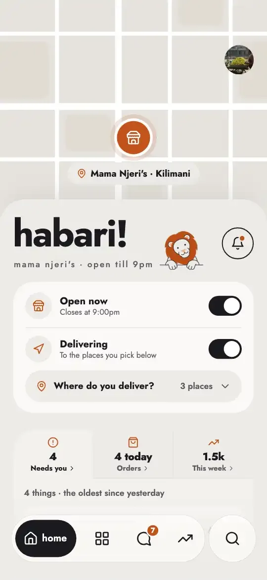 Imara's shop Home: open now, delivering, four things that need you and today's orders.
